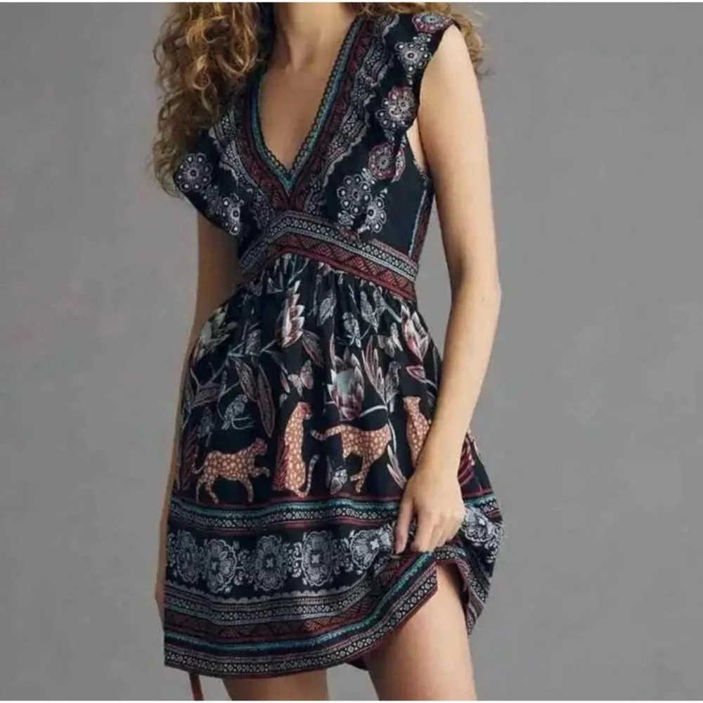 NWT Anthropologie Boho Jungle Safari Ruffled Plunge Mini Dress—SZ. XS